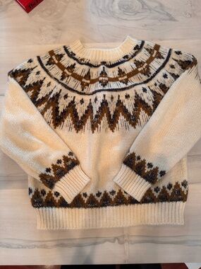 Heartloom Cream Fair Isle Crewneck with navy & brown Motif